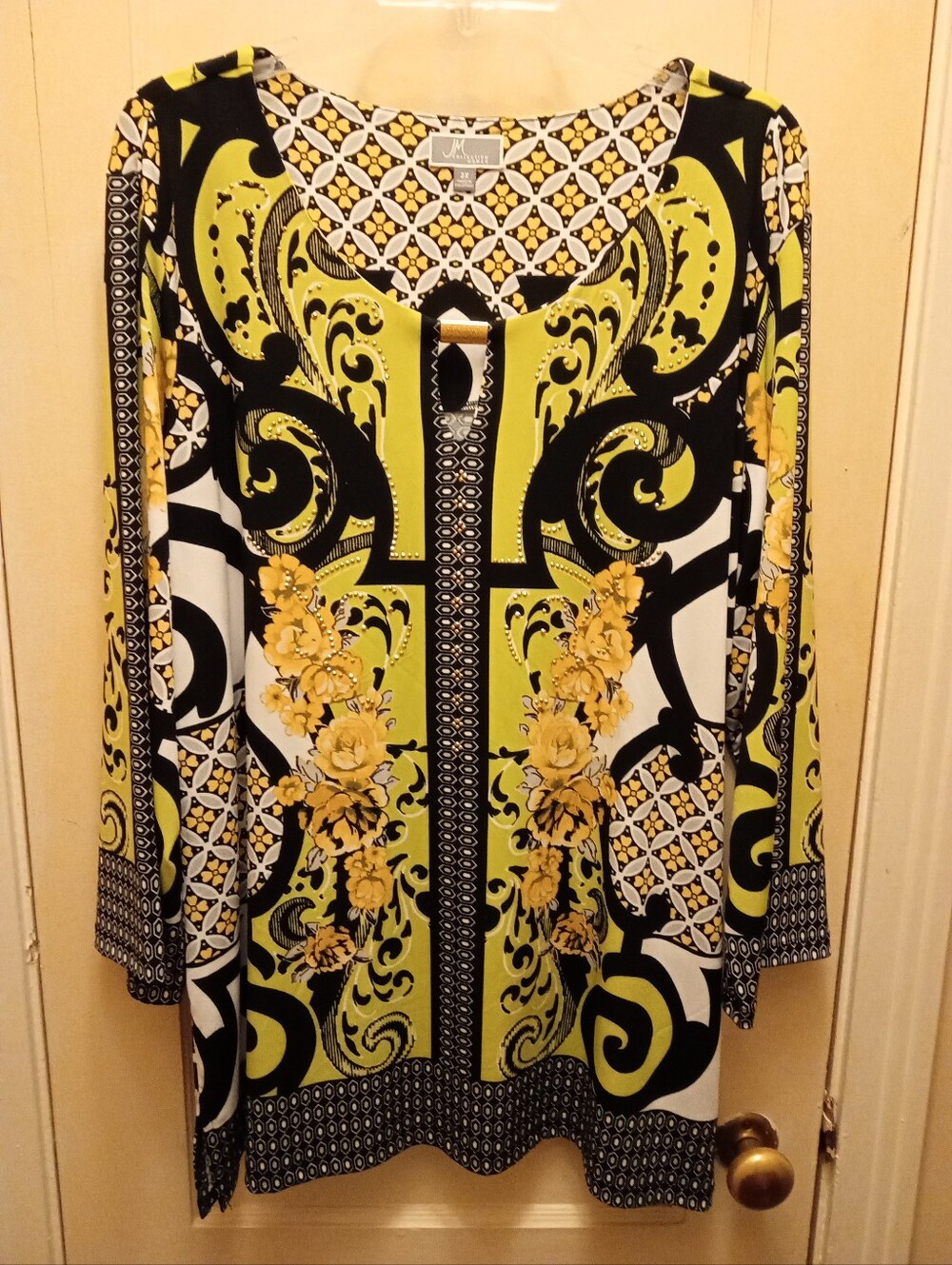 JM Collection Chartreuse, Black, Yellow & White Printed Long-Sleeve Top